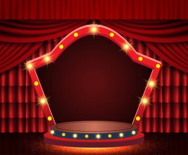 Kırmızı perdeli ve kemerli bir arka plan. Sunum, konser ve gösteri için tasarım. Vektör illüstrasyonu