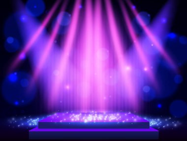 Arka plan, mavi perde, podyum ve spot ışıkları. Sunum, konser ve gösteri için tasarım. Vektör illüstrasyonu
