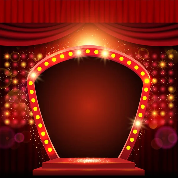 赤いカーテンとアーチバナー付きの背景 プレゼンテーション コンサート ショーのためのデザイン ベクターイラスト — ストックベクタ