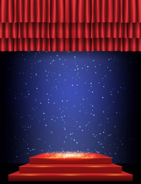 Red curtain on blue dust background with podium. Design for presentation, concert, show. Vector illustration