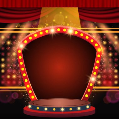 Kırmızı perdeli ve kemerli bir arka plan. Sunum, konser ve gösteri için tasarım. Vektör illüstrasyonu