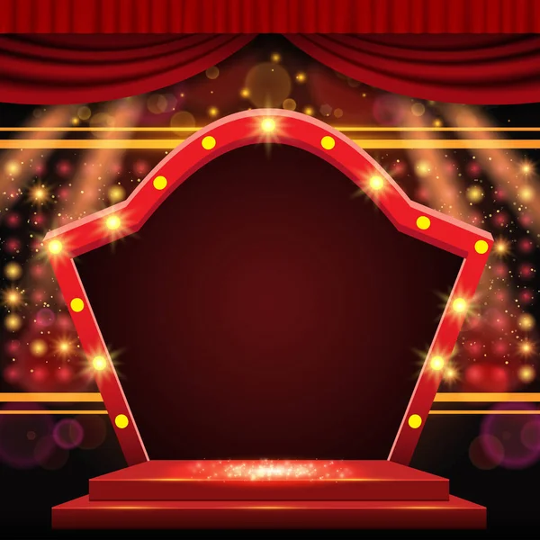 赤いカーテンとアーチバナー付きの背景 プレゼンテーション コンサート ショーのためのデザイン ベクターイラスト — ストックベクタ