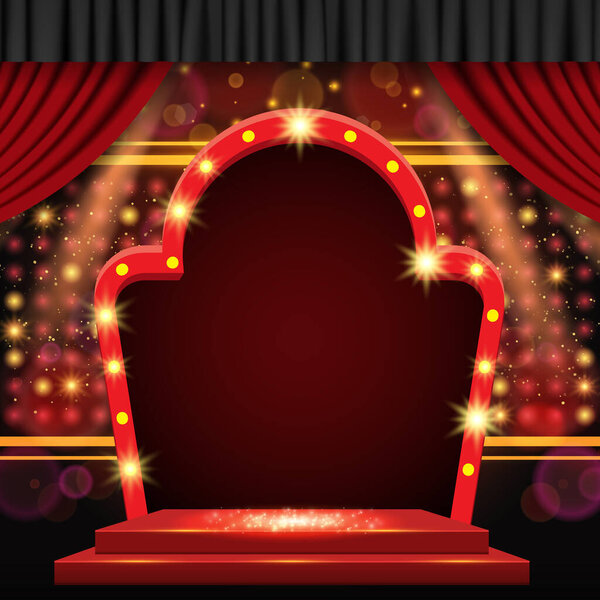 Background with red curtain and arch banner. Design for presentation, concert, show. Vector illustration