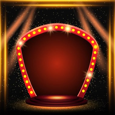 Altın ışıklı spot ışıkları, podyum ve kemer pankartıyla soyut bir zemin parlıyor. Vektör illüstrasyonu