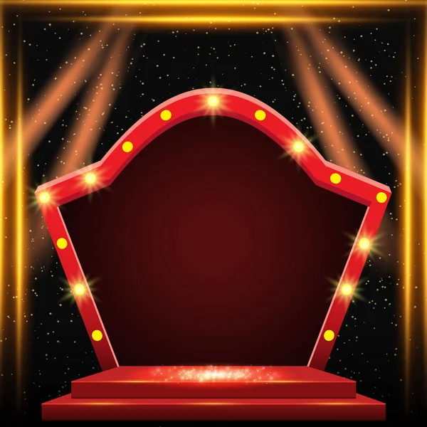 Leuchtender Abstrakter Hintergrund Mit Goldenen Scheinwerfern Podium Und Bogenbanner Vektorillustration — Stockvektor