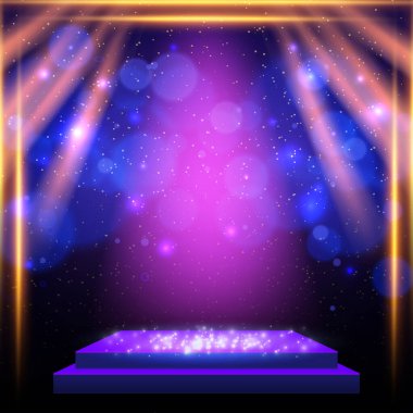 Mavi spot ışıkları, platform ve bokeh ile soyut bir arkaplan parlıyor. Sunum, konser ve gösteri için tasarım. Vektör illüstrasyonu