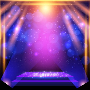 Mavi spot ışıkları, platform ve bokeh ile soyut bir arkaplan parlıyor. Sunum, konser ve gösteri için tasarım. Vektör illüstrasyonu