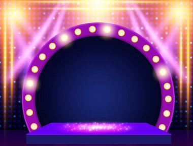 Mozaik arka plan, mavi ve sarı spot ışıkları ve yuvarlak afiş. Sunum, konser ve gösteri için tasarım. Vektör illüstrasyonu