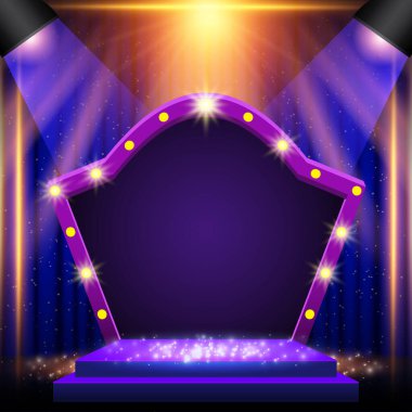 Podyum, mavi ve sarı spot ışıkları ve kemer pankartıyla arka plan. Sunum, konser ve gösteri için tasarım. Vektör illüstrasyonu