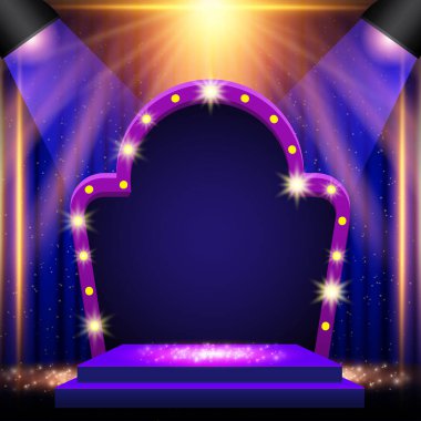Podyum, mavi ve sarı spot ışıkları ve kemer pankartıyla arka plan. Sunum, konser ve gösteri için tasarım. Vektör illüstrasyonu
