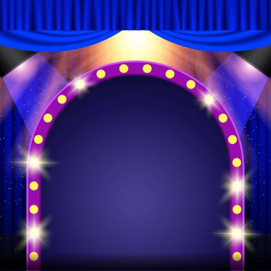 Mavi spot ışıkları, platform ve retro pankartıyla soyut bir arkaplan parlıyor. Sunum, konser ve gösteri için tasarım. Vektör illüstrasyonu