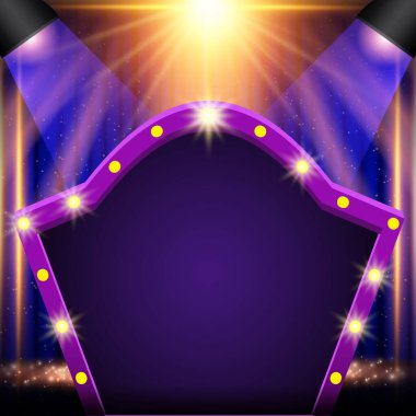 Podyum, mavi ve sarı spot ışıkları ve kemer pankartıyla arka plan. Sunum, konser ve gösteri için tasarım. Vektör illüstrasyonu