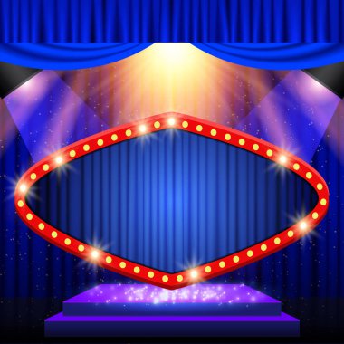 Mavi spot ışıkları, platform ve retro pankartıyla soyut bir arkaplan parlıyor. Sunum, konser ve gösteri için tasarım. Vektör illüstrasyonu