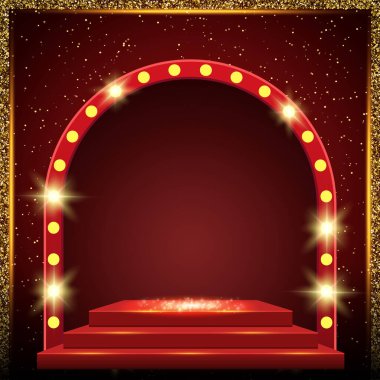 Parlak parlak toz, podyum ve kemer pankartıyla soyut bir zemin parlıyor. Vektör illüstrasyonu