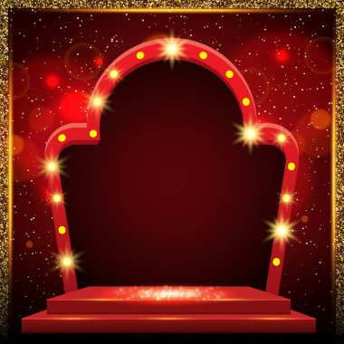 Parlak parlak toz, podyum ve kemer pankartıyla soyut bir zemin parlıyor. Vektör illüstrasyonu