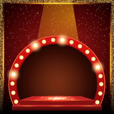 Parlak parlak toz, podyum ve kemer pankartıyla soyut bir zemin parlıyor. Vektör illüstrasyonu