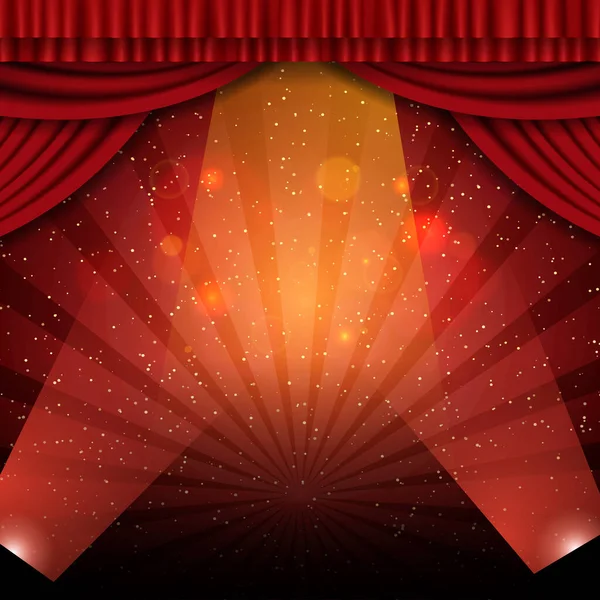 赤いカーテンとスポットライト付きの背景 プレゼンテーション コンサート ショーのためのデザイン ベクターイラスト — ストックベクタ