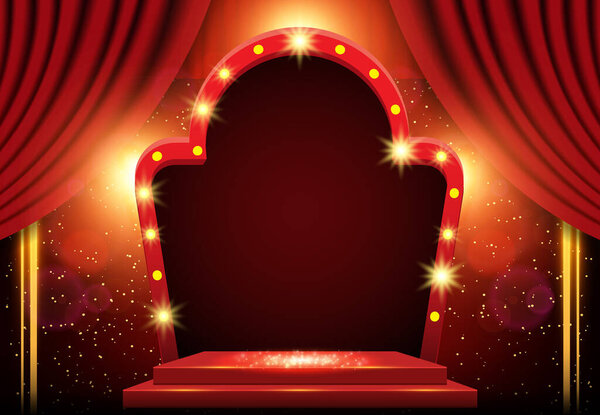 Background with red curtain, arch banner and spotlights. Design for presentation, concert, show. Vector illustration