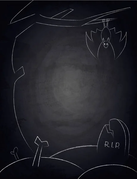 Chalkboard Blackboard Background Halloween Design Hand Drawn Creepy Tree Bat —  Vetores de Stock