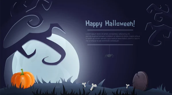 Buon Halloween Sfondo Design Con Albero Raccapricciante Cimitero Luna Illustrazione — Vettoriale Stock