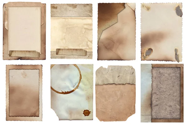 stock image Bunch of Old vintage rough texture retro paper with burned edges, stains and scratches background 