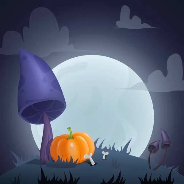 Halloween Kort Bakgrund Med Läskiga Svampar Måne Och Pumpa Vektorillustration — Stock vektor