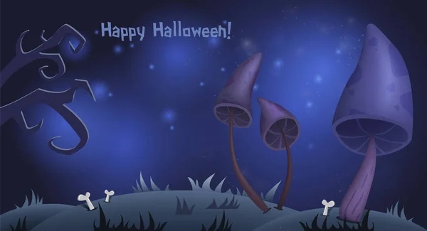 Sfondo Della Carta Halloween Con Funghi Raccapriccianti Ramo Albero Illustrazione — Vettoriale Stock