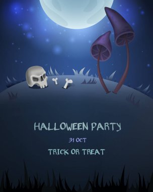 Ürkütücü mantarlı, kafataslı ve dolunaylı Cadılar Bayramı kartı. Vektör illüstrasyonu