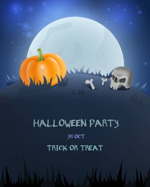 Cadılar Bayramı için balkabağı, kafatası ve ay desenli ürkütücü bir kart. Vektör illüstrasyonu