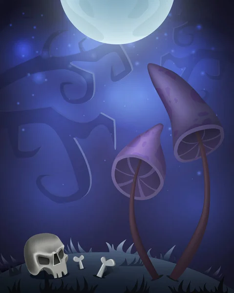 Halloween Karte Zum Gestalten Mit Gruseligen Pilzen Totenkopf Und Mond — Stockvektor