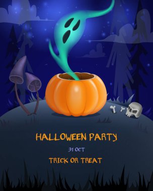 Cadılar Bayramı için balkabağı, hayalet ve mantarlı ürkütücü bir kart. Vektör illüstrasyonu