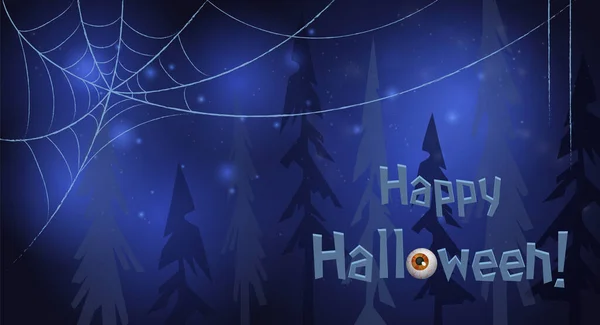 Azul Brilhante Cartão Halloween Com Teia Aranha Floresta Assustadora Ilustração — Vetor de Stock