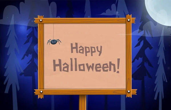 Sfondo Halloween Con Scrivania Legno Vuota Luna Foresta Raccapricciante Illustrazione — Vettoriale Stock