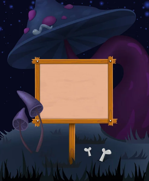 ハロウィーンベクトルカードの背景とともに不気味なキノコ 木のボードと面白いワーム — ストックベクタ