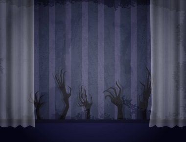 Mavi çizgili grunge duvar kâğıdı, şeffaf perde ve Cadılar Bayramı için ürpertici ellerin gölgeleri olan eski bir oda.