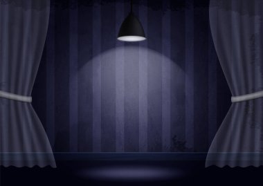 Asılı lamba ve vektör Cadılar Bayramı tasarımı için şeffaf perde ile grunge çizgili eski oda