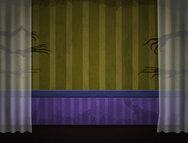 ストライプのグランジ壁紙と高齢者の古い部屋 透明なカーテンとハロウィーンのデザインのための不気味な手の影 — ストックベクタ