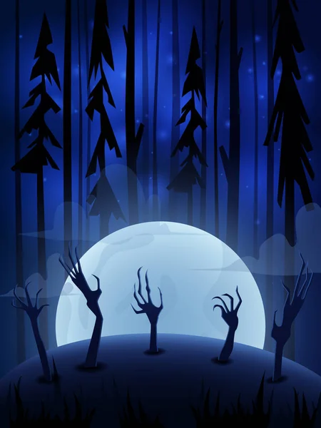 Halloween Vektorhintergrund Mit Dunklem Wald Großem Mond Und Gruseligen Händen — Stockvektor