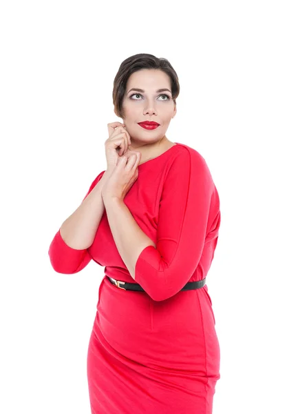 Beautiful plus size woman in red dress — Stock Photo, Image
