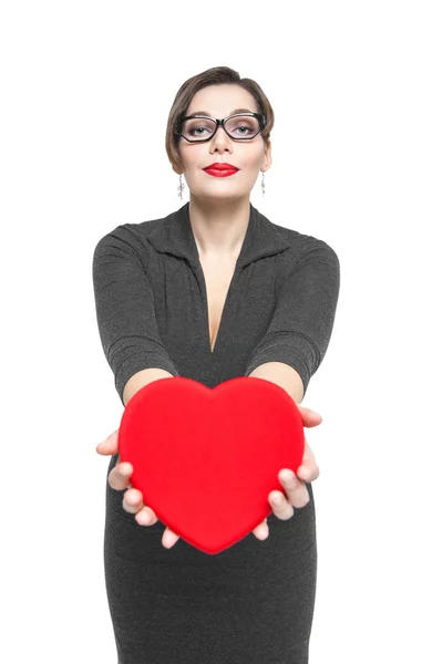 Beautiful plus size woman with red heart — Stock Photo, Image