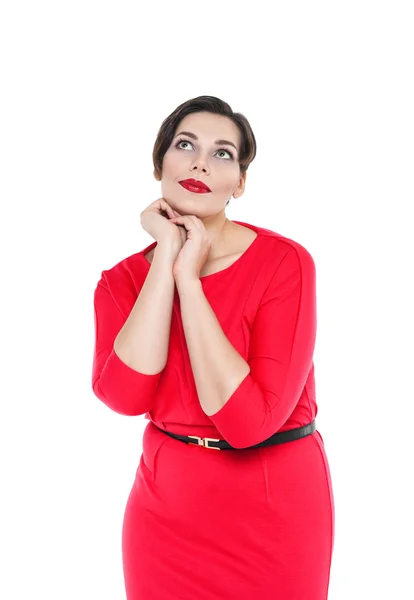 Hermosa mujer de talla grande en vestido rojo — Foto de Stock