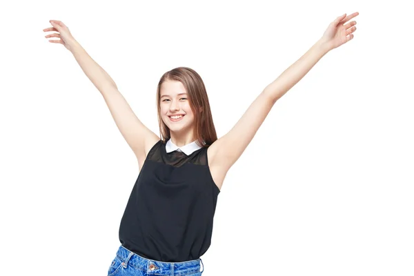 Glückliche junge Teenager-Mädchen mit den Händen nach oben isoliert — Stockfoto