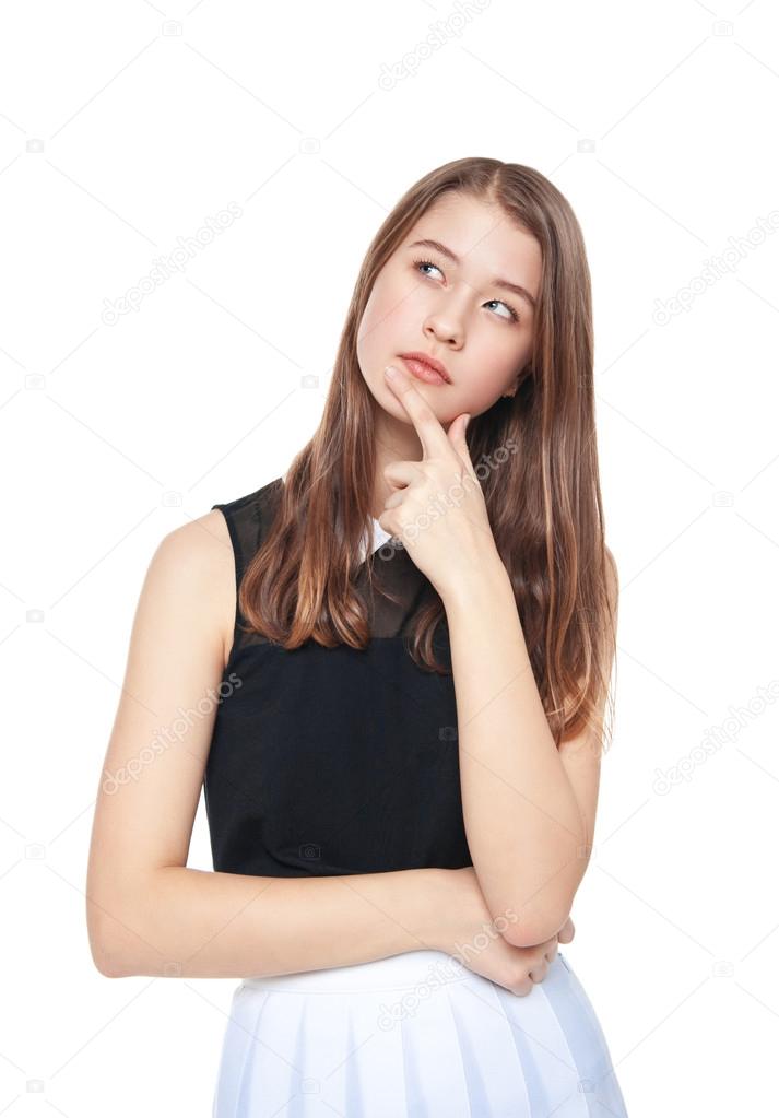 Young fashion teenager girl thoughtful isolated 
