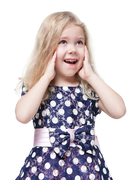 Beautiful little girl with blond hair surprised isolated — Stock Photo, Image