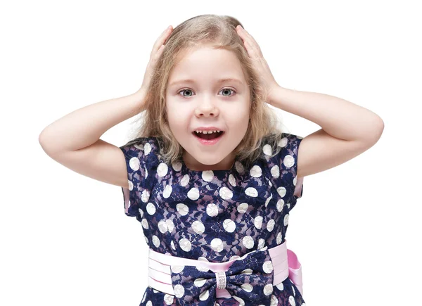 Schönes kleines Mädchen mit blonden Haaren überrascht isoliert — Stockfoto