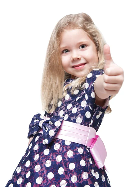 Beautiful little girl with blond hair showing thumbs up isolated — Stock Photo, Image