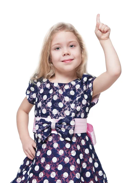 Menina bonita mostrando em algo pelo dedo isolado — Fotografia de Stock