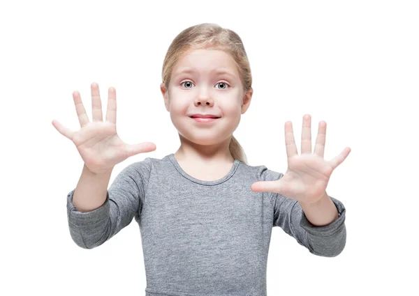 Beautiful little girl showing her hands isolated — Stock Photo, Image