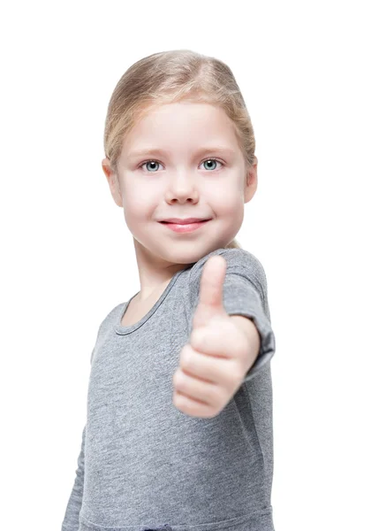 Beautiful little girl showing thumbs up isolated — Stock Photo, Image