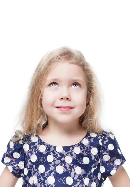 Beautiful little girl looking up on something isolated — Stock Photo, Image